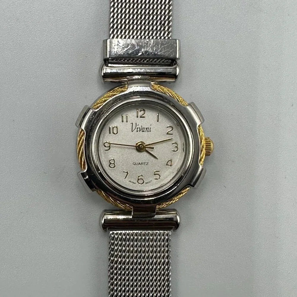 3/$30 Vivani Watch Women Silver Tone Twisted Rope Bezel Mesh Band 8.5